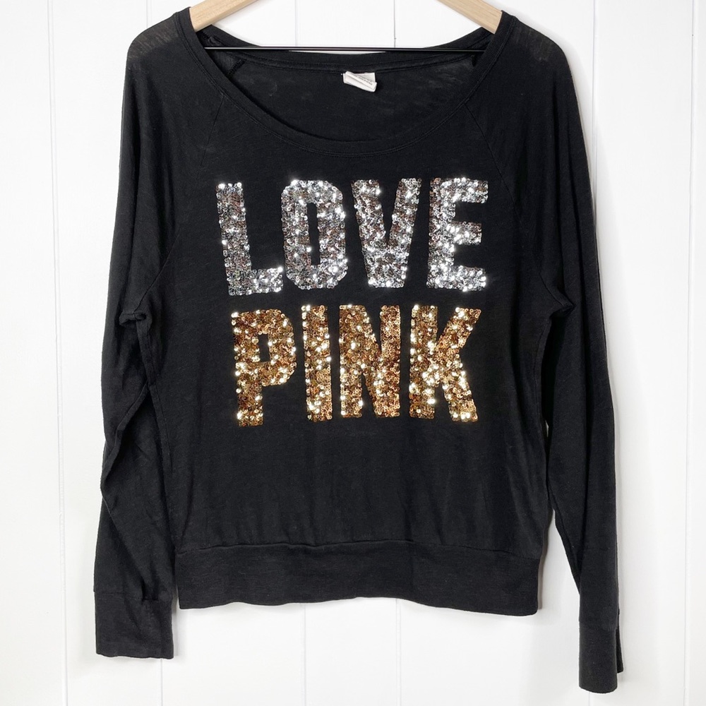 PINK Victoria’s Secret “LOVE PINK” Sequin Graphic Text Boat Neck, Sz Small